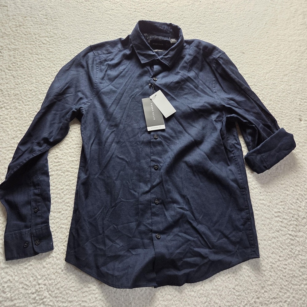 Perry Ellis Shirt Mens Small Blue Linen Blend Long Sleeve Button-Up Standard Fit